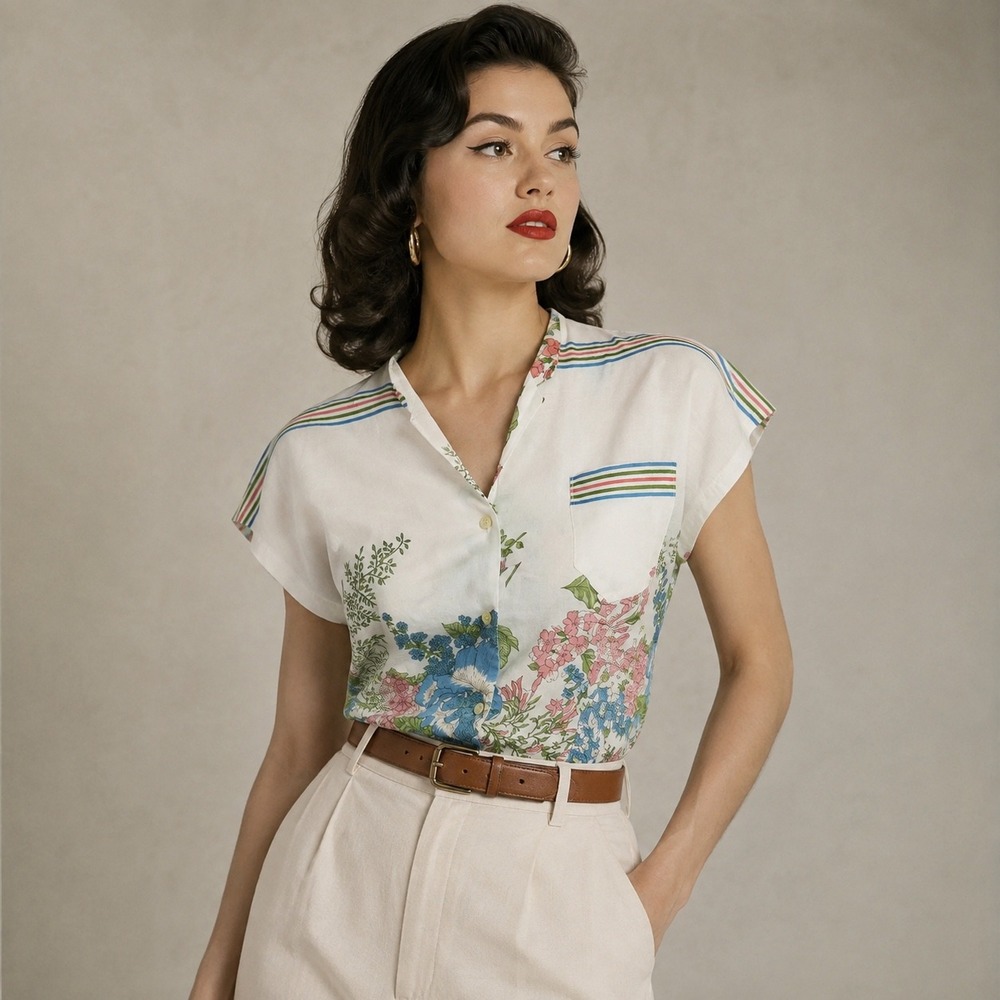Red Pepper Vintage Floral Button Up Short Sleeve Top, Small